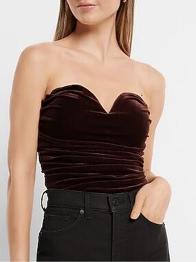 NWT 🤎 Strapless Velvet Ruched Bustier Top - Deep Brown